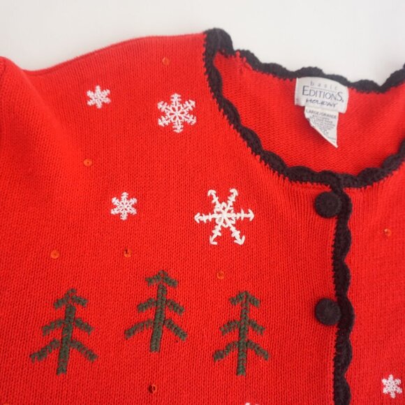 Vtg Basic Holiday Editions Red Embroidered Winter Button Up Cardigan Sweater L - Picture 10 of 12